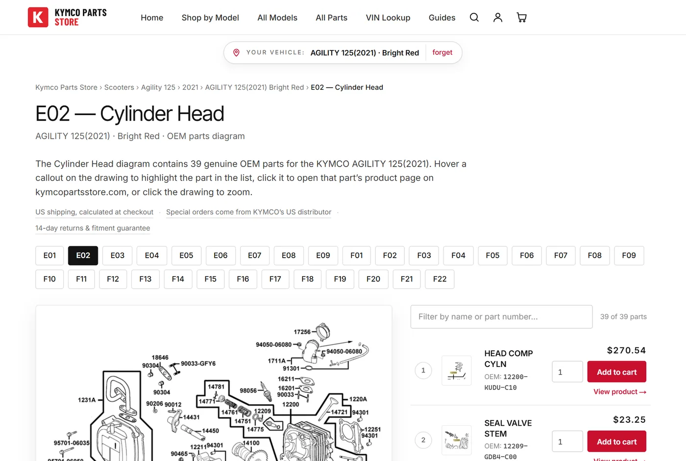 KYMCO parts diagram page screenshot: the exploded view with numbered callouts and the parts list beside it