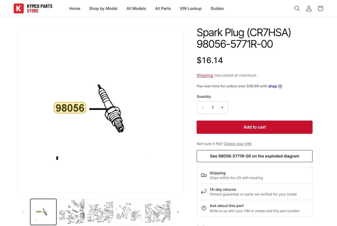KYMCO parts store product page screenshot: the part cutout, price, add to cart and the diagram link