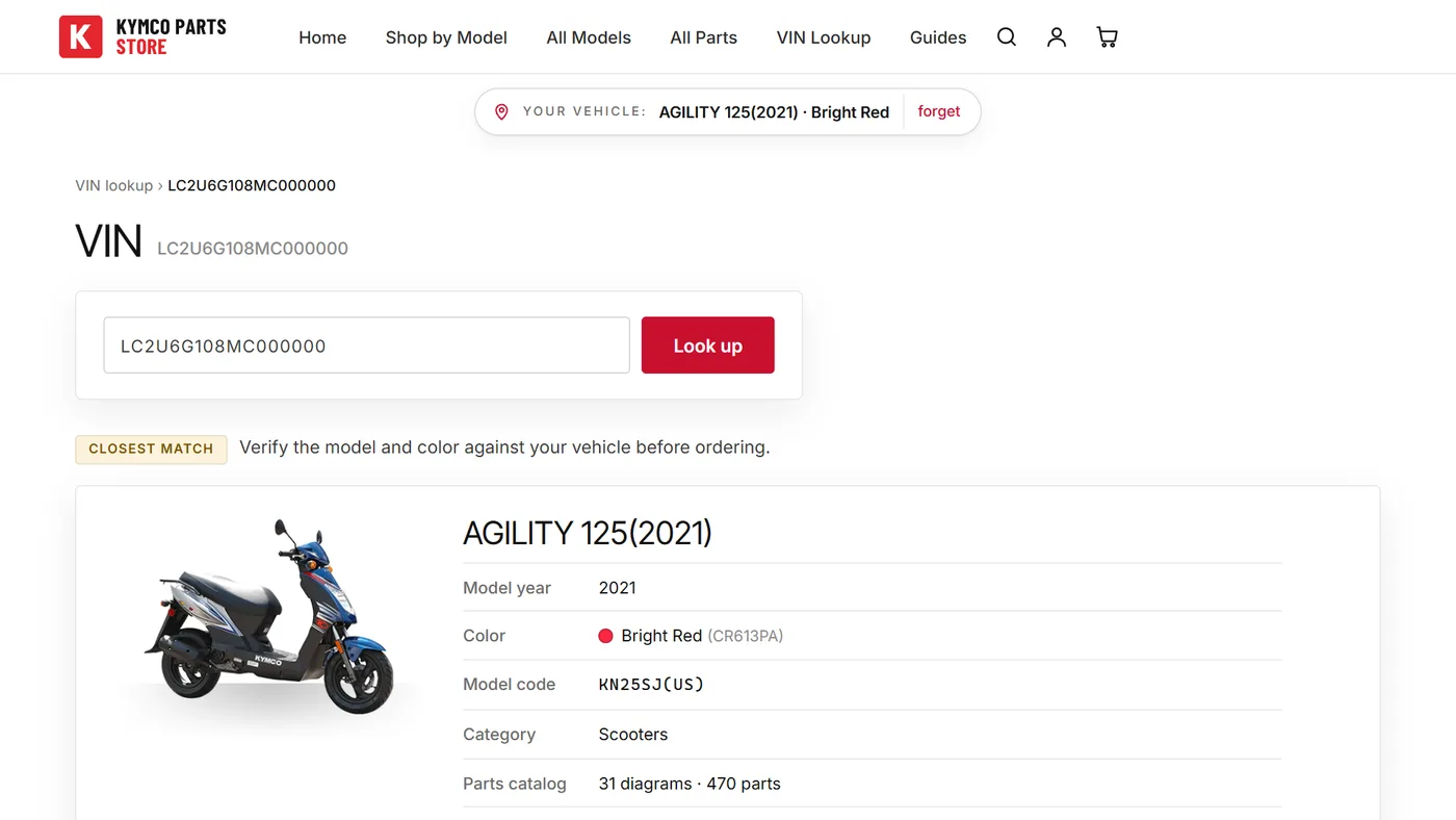 KYMCO VIN lookup screenshot: the example VIN decoded to an Agility 125 (2021) with its model code, colour and parts catalog